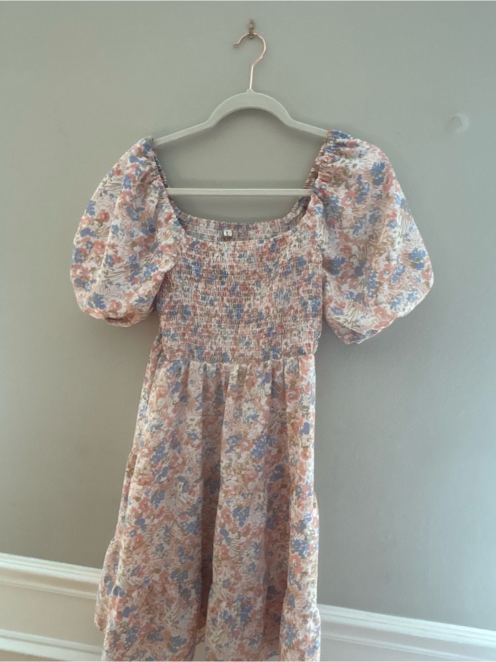 SHEIN Pink and Blue Floral Puff-Sleeve Smocked Mini Dress